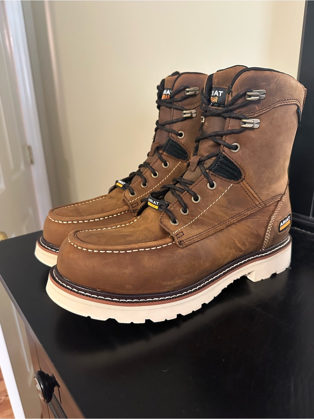 Ariat Brown Leather Moc Toe Work Boots with Cream Outsole
